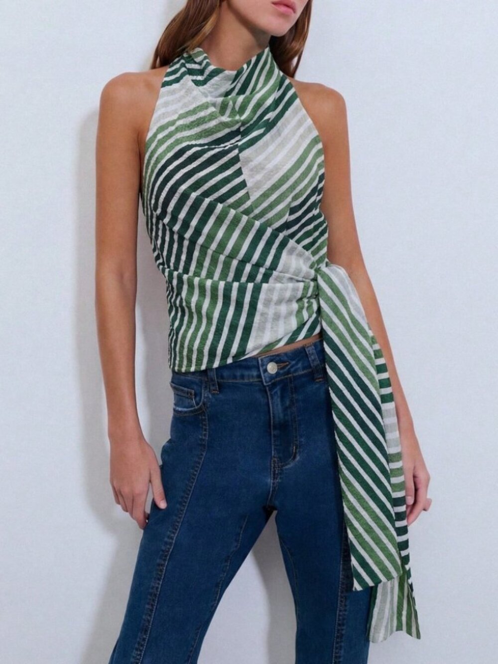 Green Striped Halter Top with Draped Side Sash
